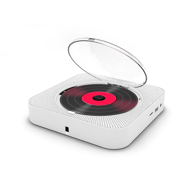 Portable CD player Bluetooth speaker with a white ABS body, featuring a compact square design with rounded edges. The device includes a transparent dust cover, revealing a CD with a red and black label inside. It supports multiple playback modes, including CD, Bluetooth, FM radio, AUX-IN, TF card, and USB disk. The front panel has perforated speaker grills and ports for connectivity. The product is wall-mountable and comes with a remote control, wall-mount kit, and desk stand.