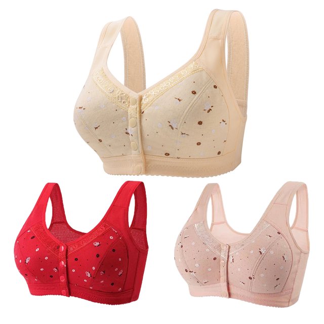 Lenpel Women's Plus Size Front Closure Bras 3 Pc No Underwire Printed Full Coverage Bralettes Comfortable Everyday Bras(Red,Medium)