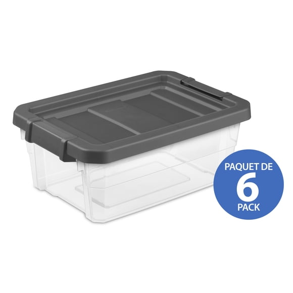 Sterilite 15 Liter Stacker Box, Durable Clear Plastic Storage Bin with Latch Lid, Dark Gray, 6 Pk