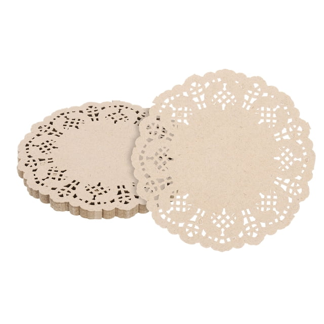 100pcs Paper Doilies, 3.5 Inch Lace Paper Doilies in brown color, made from paper pulp. These disposable paper placemats feature elegant lace patterns and are ideal for party tableware or decorative purposes. Each doily measures 8.9 cm in diameter and is designed for strong oil absorption and wide application. Pack includes 100 pieces.