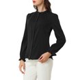 thumbnail image 3 of INSPIRE CHIC Women's Ruffled Trim Button Down Stand Collar Long Sleeve Blouse Top S Black, 3 of 8