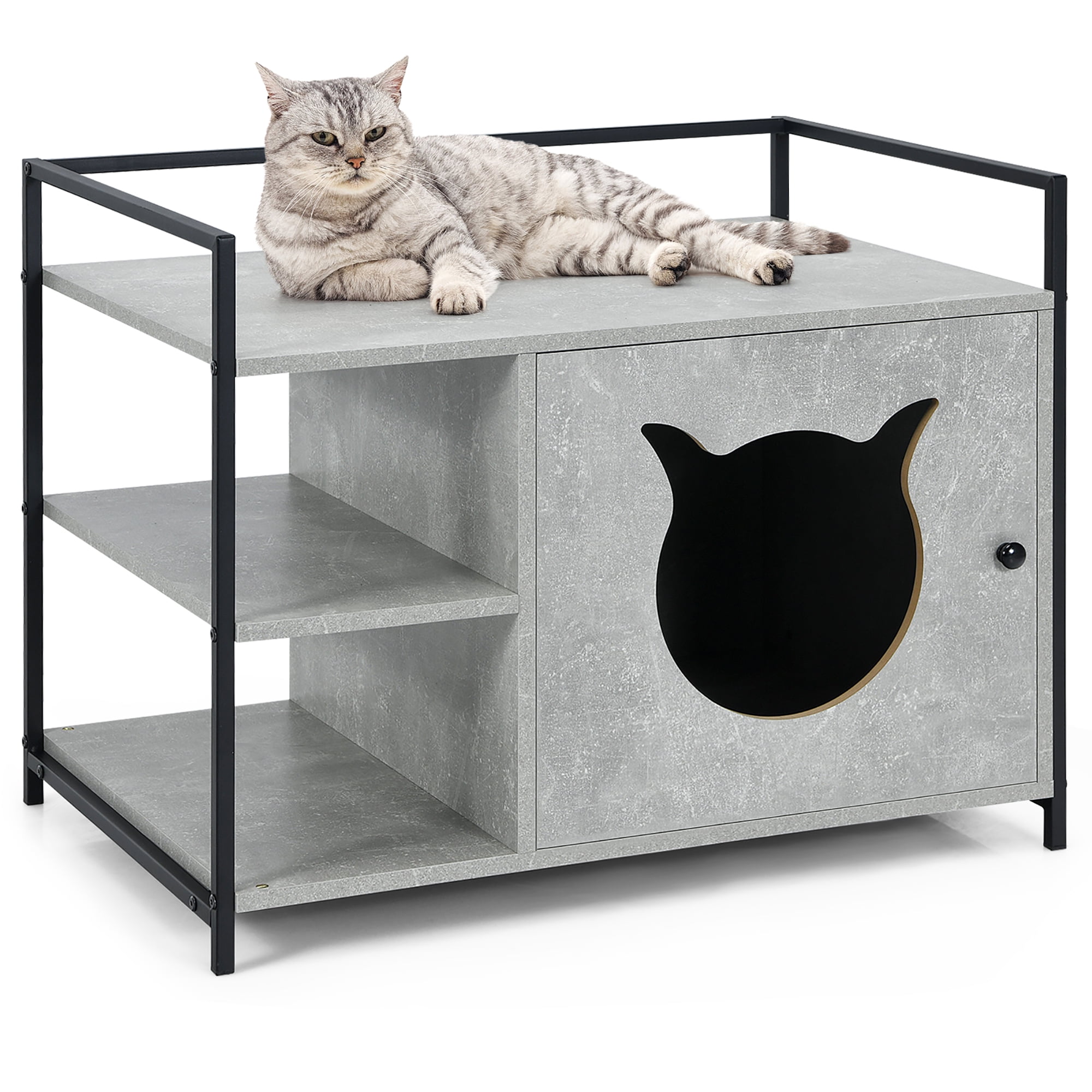 Costway Cat Litter Box  Enclosure Hidden Litter Furniture Cabinet W/ 2-Tier Storage Shelf