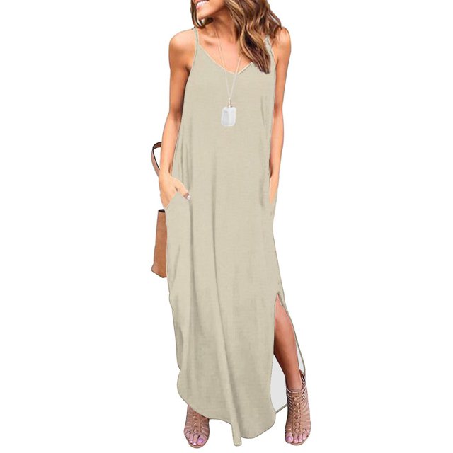 Robes d'Été pour Femmes Mode Femmes Décontractées à Col en V Robes Unies d'Été Robe Sans Manches à Enfiler Robes de Soirée pour Femmes Élégantes et Chic en Liquidation