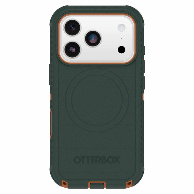 OtterBox Defender Pro MagSafe Case w/Camera Control Coopersmith green for iPhone 17 Pro, with tri-layer protection including silicone outer cover, rigid inner shell, memory foam backing, reinforced corners, textured grip, integrated MagSafe magnets, port covers, and precise camera cutout, suitable for durable phone defense and MagSafe compatibility.