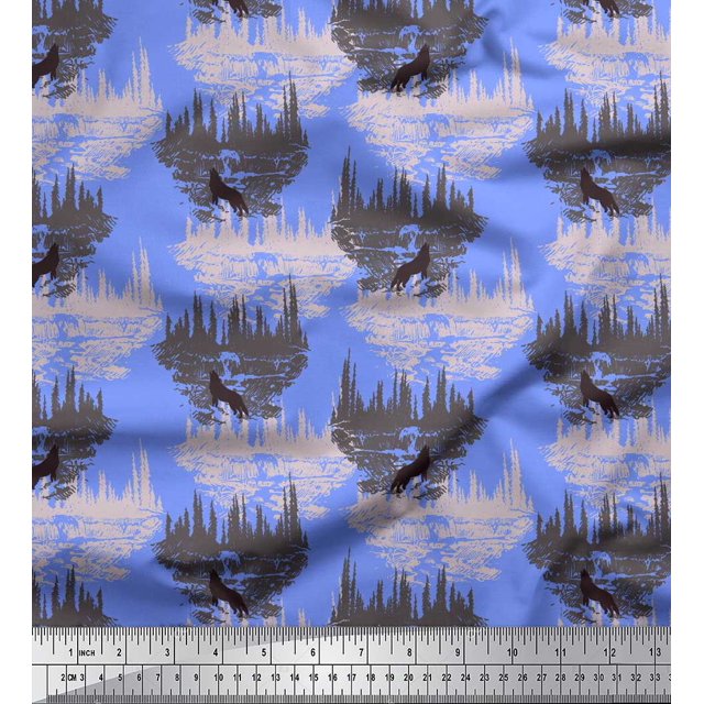 Soimoi Blue polyester Crepe Fabric Wolf & Landscape Nature Printed Fabric 1 Yard 52 Inch Wide