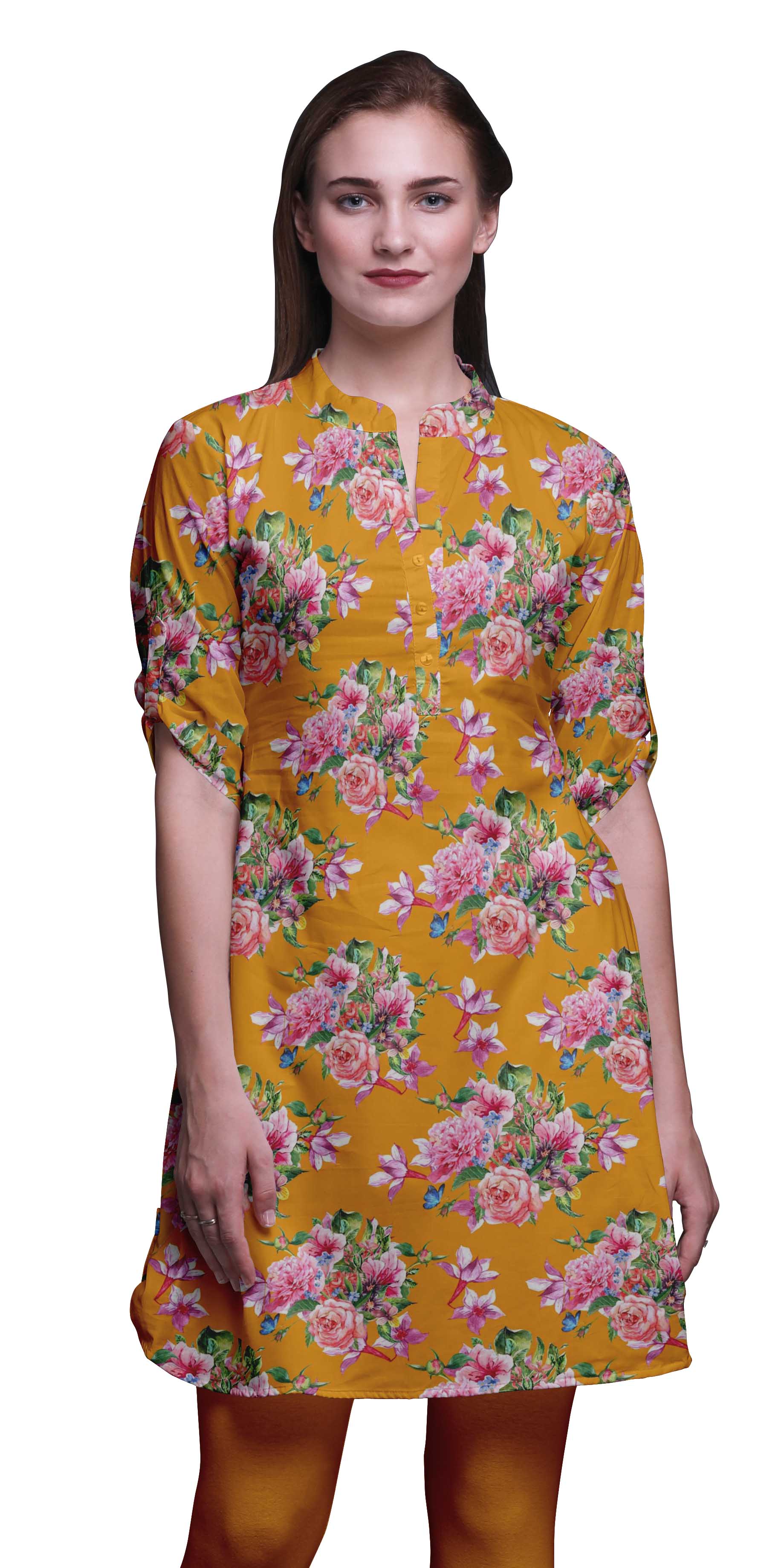 Bimba Indian Short Kurtis For Women Printed Tunic Roll Up Sleeve Shirt