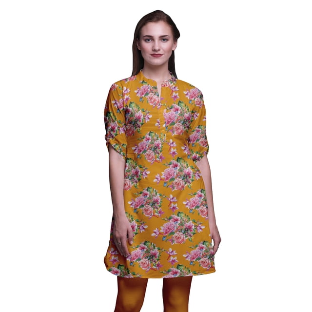 Bimba Kurtis Indiennes Courtes pour Femmes Tunique Imprimée Chemise à Manches Roulées