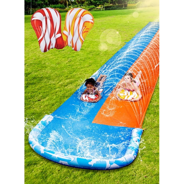 Joyfy 32.ft Water Slide and 2 Inflatable Boards, Double Waves Double Lawn Water Slide with Sprinkler for Kids Adults. A multicolour double-lane water slide with built-in sprinklers, an inflatable splash pool, and two surfboards in red and yellow designs. Ideal for backyard water fun and summer outdoor play, set up on a grassy lawn.