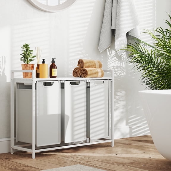 LEDREM Trieur de Lessive à 3 Compartiments avec Tablette, Capacité de 31,7 Gallons, Sacs Amovibles et Cadre en Acier, Blanc Crème et Blanc Nuage