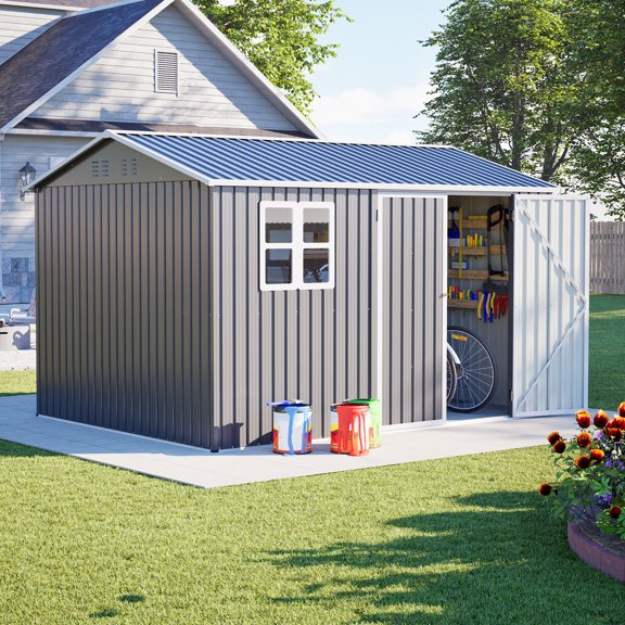 10x8 FT Outdoor Storage Shed Kit, Metal Garden Tool Shed with Window, 4 Air Vents, Lock, Gloves, Ground Nails, Waterproof UV Protection, Reinforced Grid Frame – Heavy Duty Patio Shed