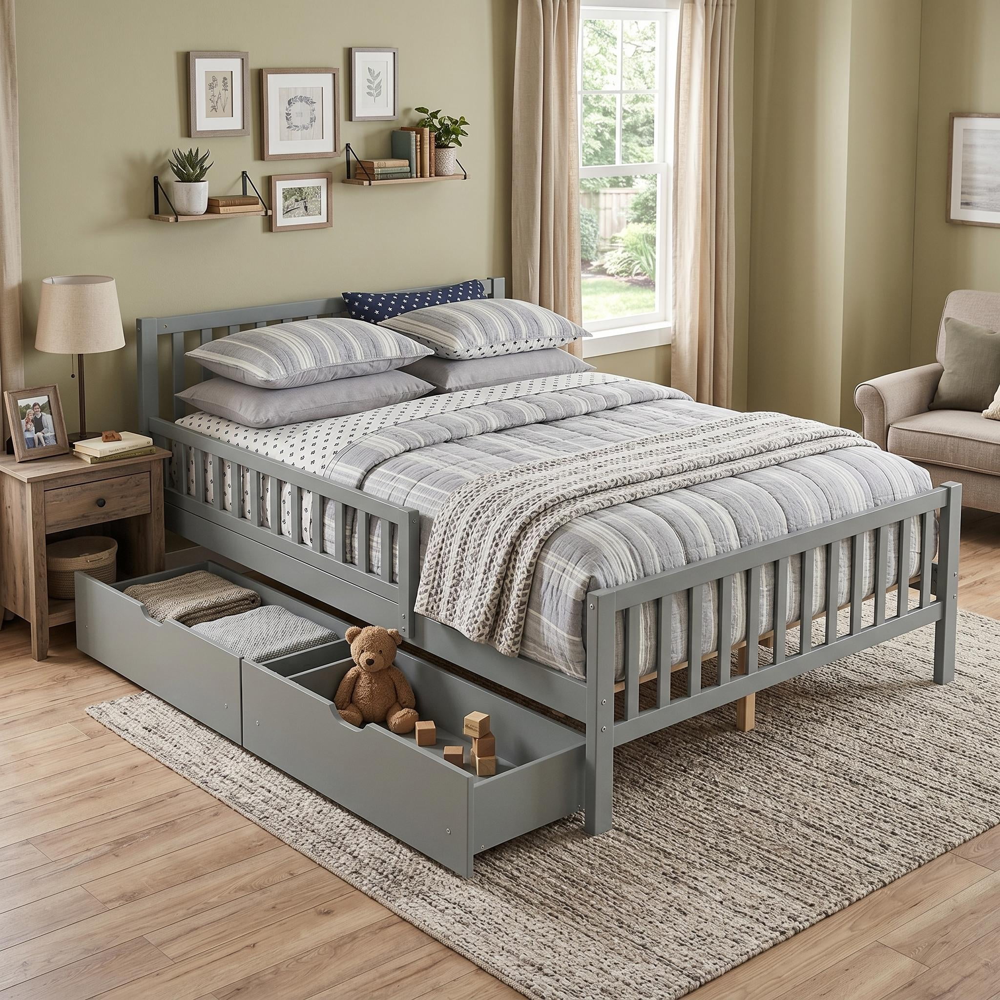 Homy Casa Lit plateforme double en bois avec garde - corps et deux tiroirs de rangement, gris, cadre robuste, design moderne pour chambre