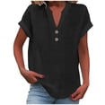 thumbnail image 1 of RKSTN Womens Summer Tops Fashion Cotton and Linen Buttons Going out Tops Basic Solid Color Shirts V-Neck Short Sleeve Loose Fit Pullover Tops, 1 of 5