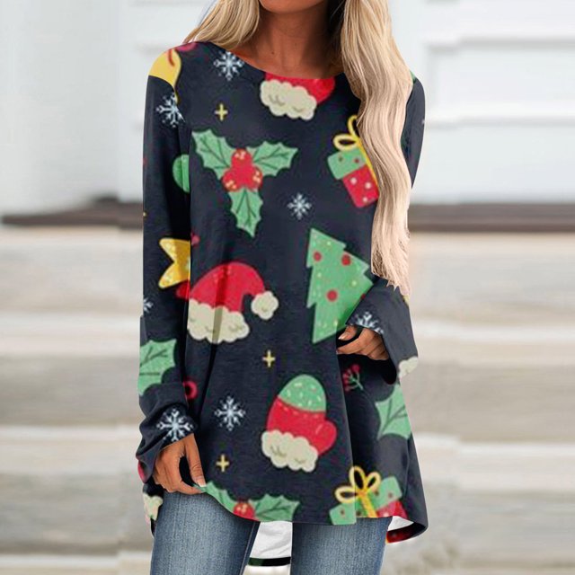 Hauts d'Été Mignons pour Femmes Imprimé Décontracté de Noël Manches Longues Col Rond Blouses pour Femmes en Solde