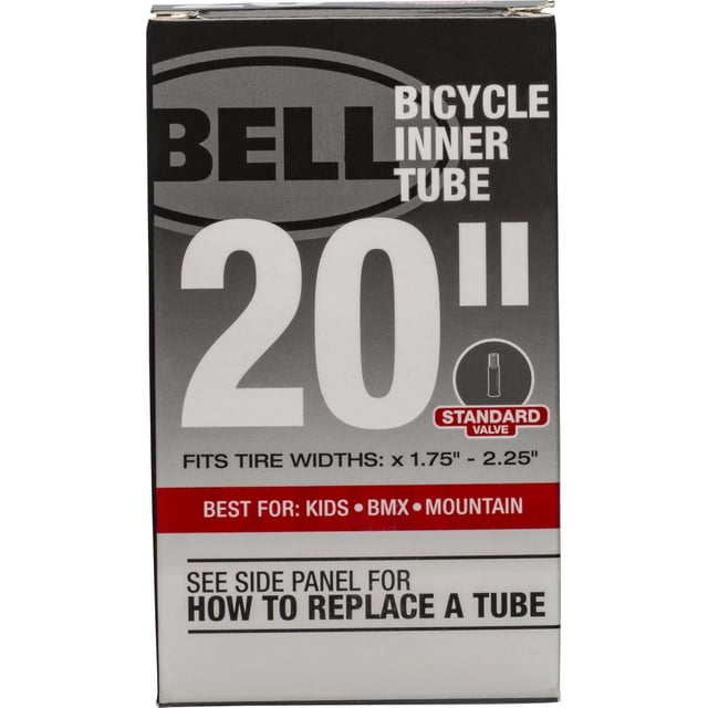 Bell Sports Standard Bicycle Tube 20" x 1.75-2.25" with Schrader valve, designed for kids, BMX, and mountain bike tires, made from molded cured rubber to prevent high-pressure blowouts, shown in retail packaging with size and replacement instructions.
