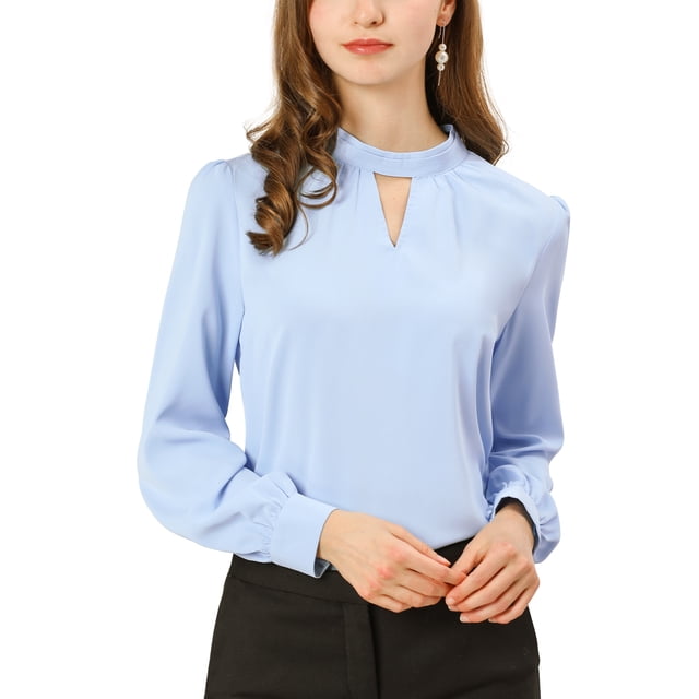 INSPIRE CHIC Women's Keyhole Stand Collar Pleated Back Button Blouse Tops