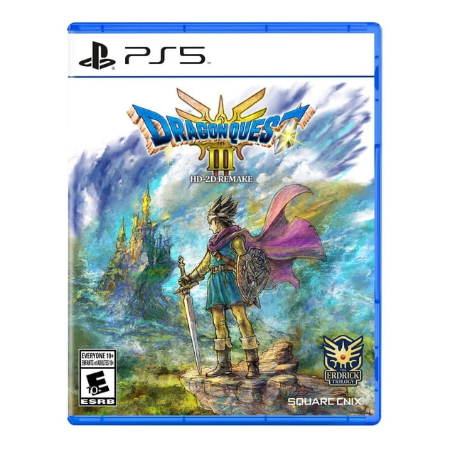Dragon Quest III HD-2D Remake PlayStation 5 game case featuring a stylized hero with sword and shield standing on a rocky cliff overlooking a distant castle under a dynamic cloudy sky, showcasing the game's logo, ESRB rating, and classic fantasy RPG adventure.