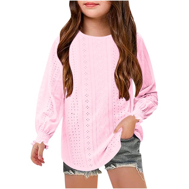 MeetoTime 4-16 Years Girls Long Sleeve Hollow Out Shirts Kids Solid Color Crewneck Ruffled Cuffs Blouse
