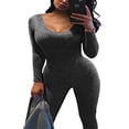 thumbnail image 3 of Women Long Jumpsuit Solid Color Long Sleeve U Neck Slim Bodysuit, 3 of 5