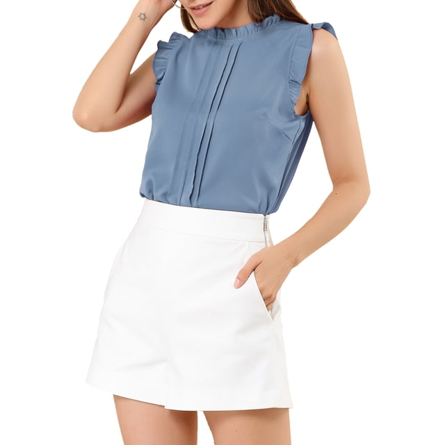 INSPIRE CHIC Women's Sleeveless Work Blouses Ruffled Pleated Chic Tops Blue Grey S