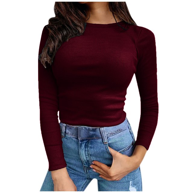 Dealovy Long Sleeve Shirts for Women Ribbed Knit Soft Crew Neck Basic Tight Tops Solid Casual Going out Tees