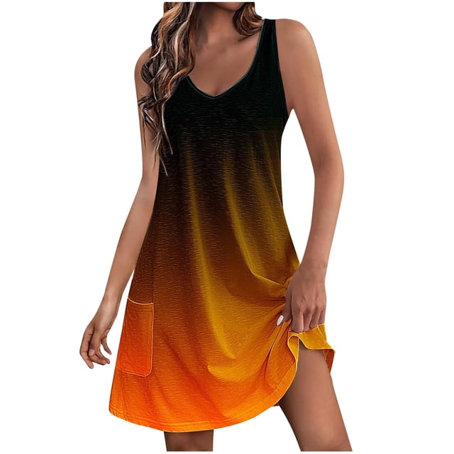 Penkiiy Robes d'Été pour Femmes Évasées Boho à Imprimé Floral Robes de Plage Sans Manches Robe de Plage avec Poches m Orange
