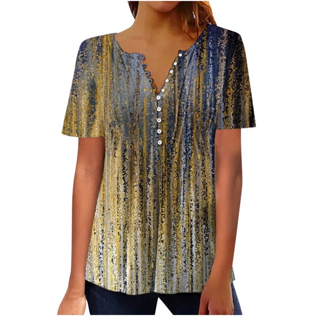 Pompotops Femmes Mode Décontractée Imprimé Col Rond Ample Manches Courtes T-shirt Haut Blouse Chandail Liquidation