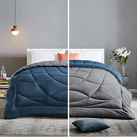 SLEEP ZONE Reversible Queen Size Cooling Comforter Soft Breathable Bedding Down Alternative Comforter Warm for All Seasons A Side Navy + B Side Grey