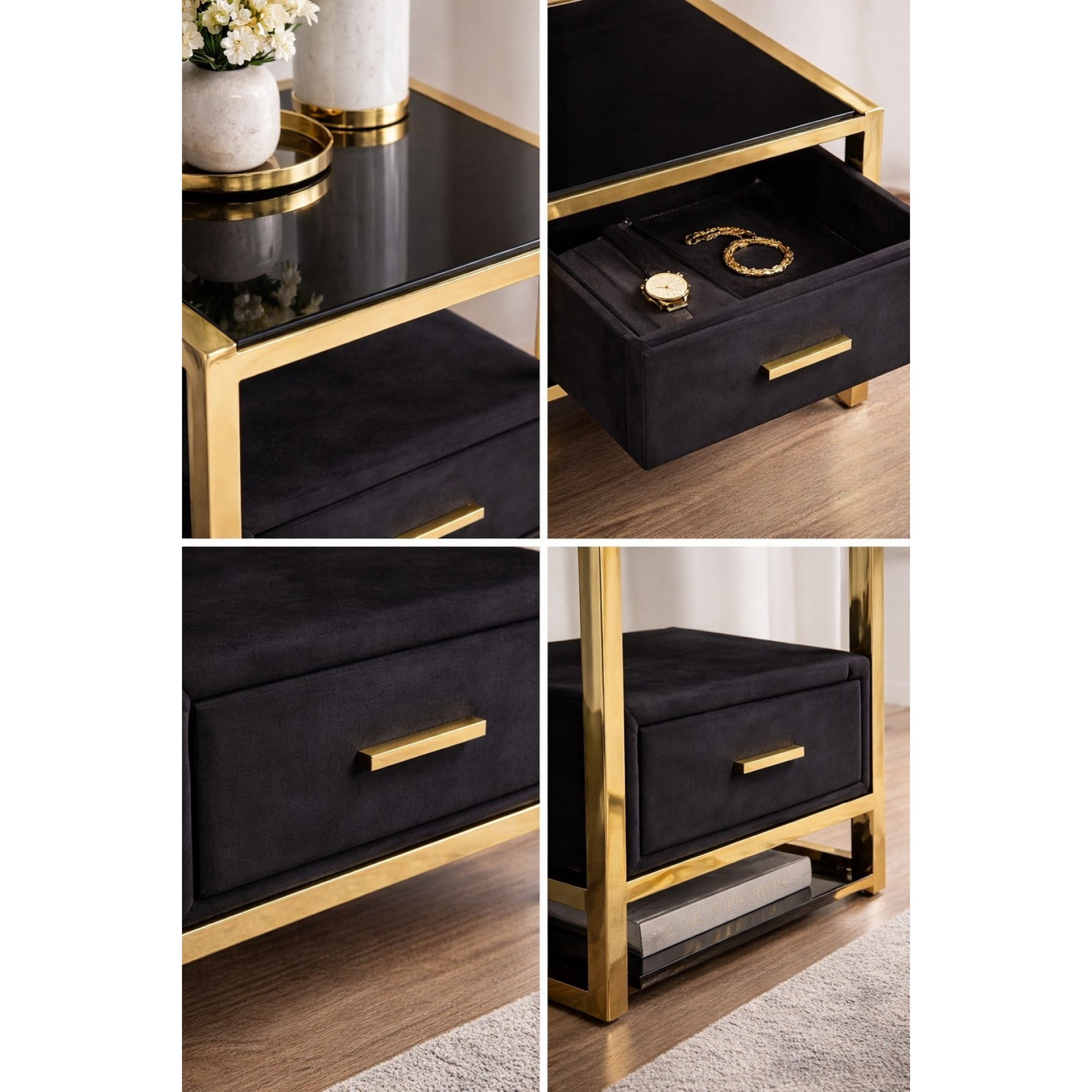 Brassex Adam Table de nuit moderne luxe pour chambre avec dessus en verre, tiroir rembourré et structure en métal doré, noir/or