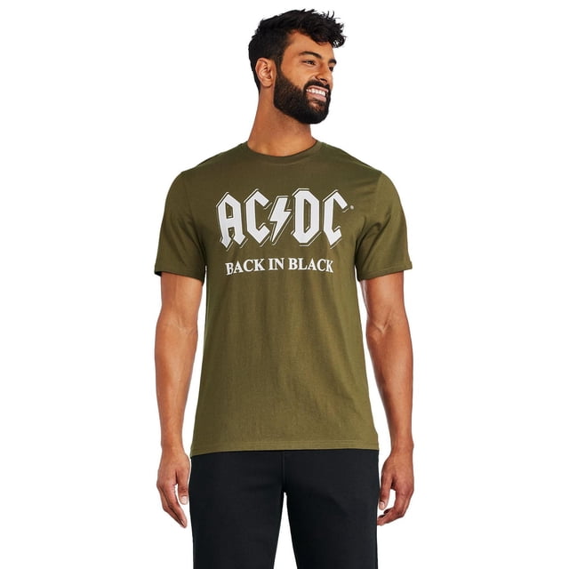 AC/DC Men's Graphic Tee in olive green featuring a crew neckline, short sleeves, and a white front print with the AC/DC logo and 'BACK IN BLACK' text, shown in a centered front view paired with black pants.