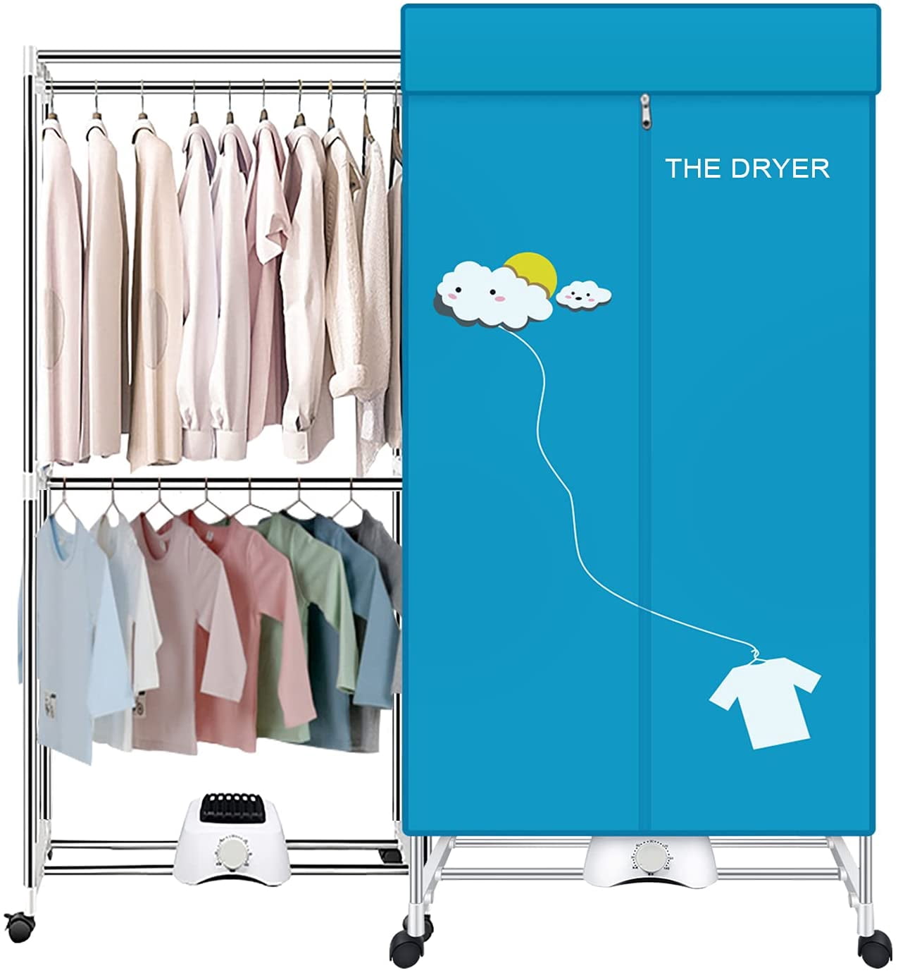 XIAQING Portable Dryer, 110V 1000W Electric Clothes Dryer Machine, Double Layer Stackable, Stainless Steel, Blue, 15kg Capacity, Front Load, Ideal for Apartments, RV, Families, Campers