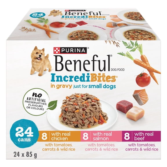 Beneful Incredibites Real Chicken, Salmon, and Beef in Gravy Variety Pack, Wet Dog Food 85 g x 24