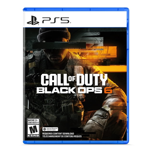 Call of Duty®: Black Ops 6 - PlayStation 5 Couverture de Jeu Mettant en Vedette un Soldat en Tenue Tactique et un Tuque, avec des Éléments d'Arrière-plan Numériques Sombres et orange, Mettant en Valeur la Marque PS5 et le Titre du Jeu.