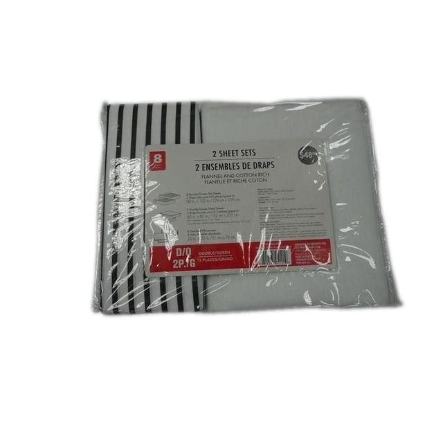 Ensemble de Draps Rayures et Blanc pour la Rentrée avec 2 Ensembles de Draps en Flanelle Double/Grand et Riches en Coton, un à Rayures et un Blanc Uni, Convient à la Literie et aux Taies d'Oreiller, Emballé dans une Pellicule Plastique Transparente avec Étiquette de Produit.