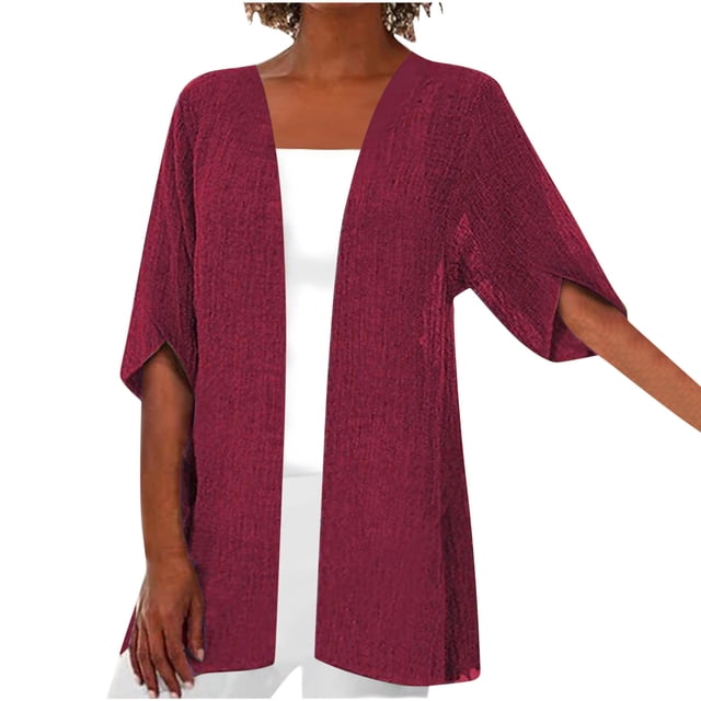 Penkiiy Cardigans pour Femmes Décontracté Court Manches 3/4 Cardigan en Lin Léger Ouvert Mince Automne Tendance Manteau S Rouge
