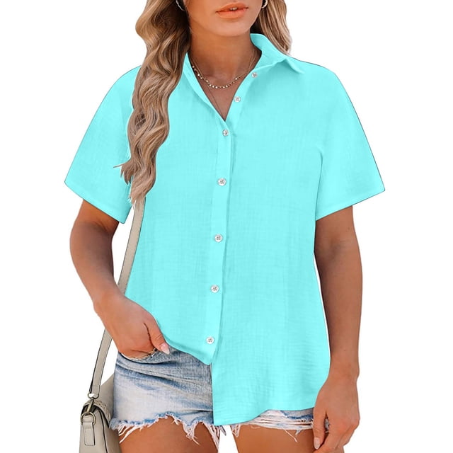 asjyhkr Plus Size Button down T Shirts for Women Linen Lightweight Comfy Soft Tees Summer Beach Tops Solid Color
