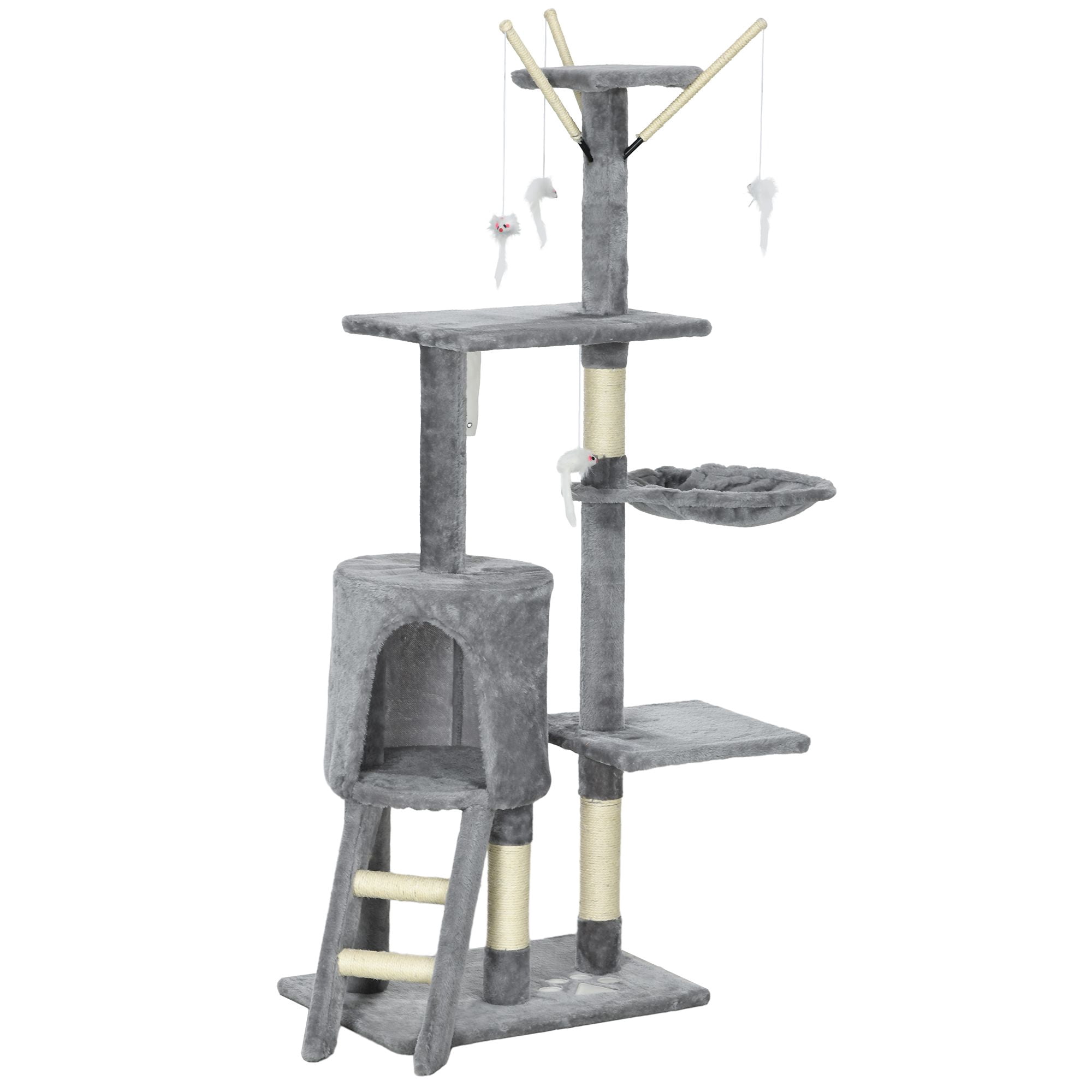 53" Cat Tree Tower with Condo, Sisal Scratching Posts, Perch, Hammock and Ladder, Grey Plush Multi-Level Activity Centre for Indoor Cats, Living Room and Bedroom Play Station