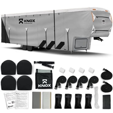 KNOX Housse de Cinquième Roue de 2e Gén. pour VR, Tissu APEX Anti-Déchirure, Convient aux Roulottes de Voyage, aux VR Ou aux Autocaravanes - la Housse pour Caravane Comprend des Housses de Roues, une Housse d'Échelle et des Housses de Gouttières - Taille 29-33 Pi