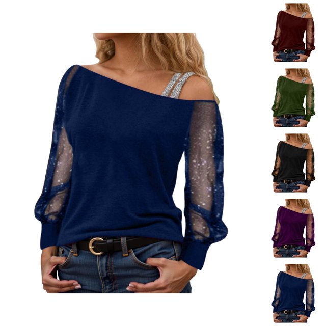 Womens Sparkle Top 2026 Spring Trendy Y2K Long Sleeve Off Shoulder Mesh T Shirts Going out Top Rave Outfits