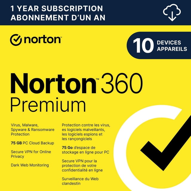 Norton 360 Premium Antivirus & Internet Security 1 Year Subscription digital download card in yellow with black text and checkmark, protecting up to 10 devices with virus, malware, spyware, ransomware protection, 75 GB PC cloud backup, secure VPN for online privacy, and dark web monitoring.