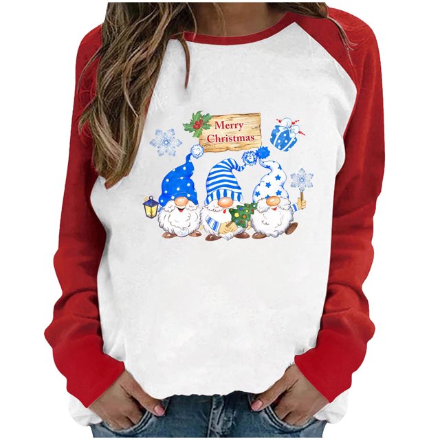 RKSTN Chandail pour Femmes de Noël à Col Rond, Chandail Imprimé du Père Noël, Manches Longues, Blouse Régulière à Empiècements
