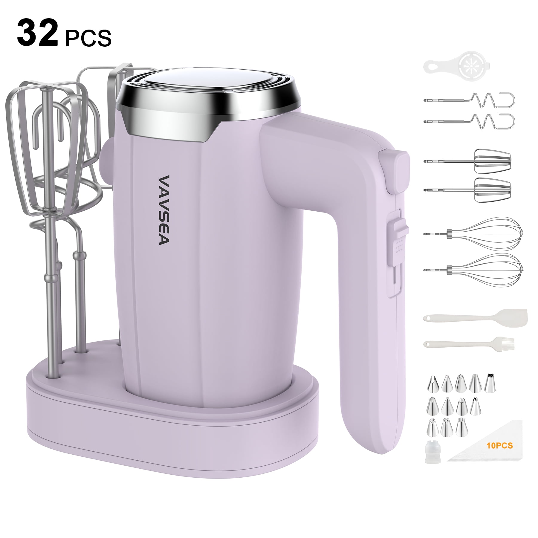 VAVSEA 500W Electric Hand Mixer with 5 Speeds & 32 Accessories, Handheld Mixer Includes 2 Whisks, 2 Dough Hooks, 2 Beaters, Cake Decorating Kit with Storage Base, New, Purple