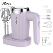 VAVSEA 500W Electric Hand Mixer with 5 Speeds & 32 Accessories, Handheld Mixer Includes 2 Whisks, 2 Dough Hooks, 2 Beaters, Cake Decorating Kit with Storage Base, New, Purple
