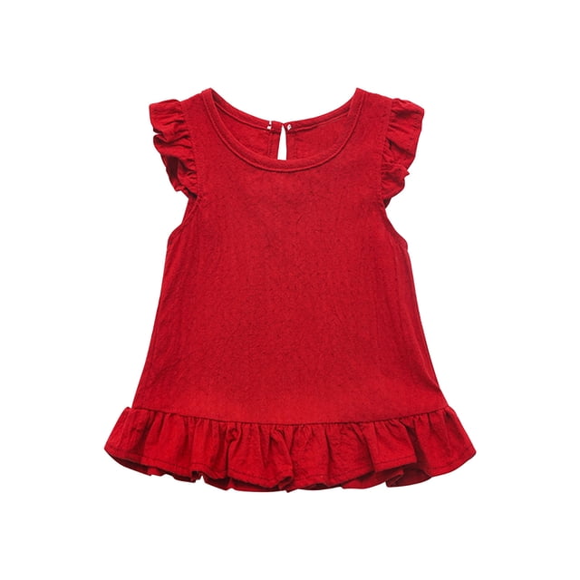 LLYWEY Toddler Girls Ruffle Tops, Baby Girl Linen Ruffles Hem Sleeveless T-Shirts, Kids Solid Color Keyhole Back Summer Round Neck Sleeveless Loose Casual Blouses Shirts, Style-T-12, Red, 12 Months