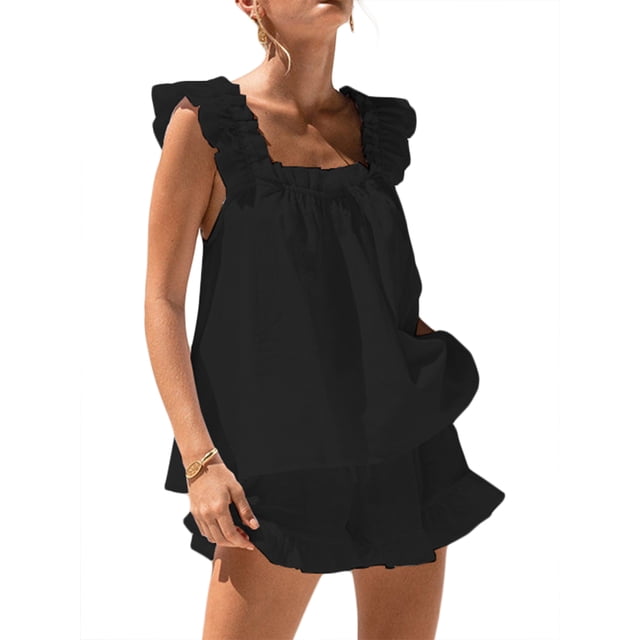 Faithtur Womenacute;s Summer 2PCS Pajamas Sets Sleeveless Backless Sling Vest + Solid Color Ruffle Shorts