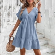 Ailaofu Women's Summer Dresses Casual Midi Swing Short Sleeve V Neck Tiered A Line Flowy Beach Dress Sundress 2026