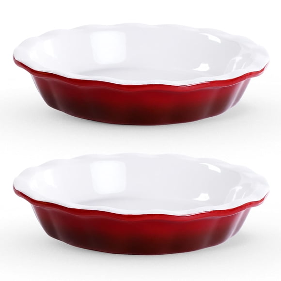 Moules à Tarte pour la Cuisson, Lareina Plat à Tarte en Céramique de 9 Pouces de Profondeur avec Bord Ondulé pour Tarte aux Pommes, Tarte aux Pacanes, Tarte Casserole à Poulet, Assiette à Tarte Colorée et Durable, Ensemble de 2, Rouge