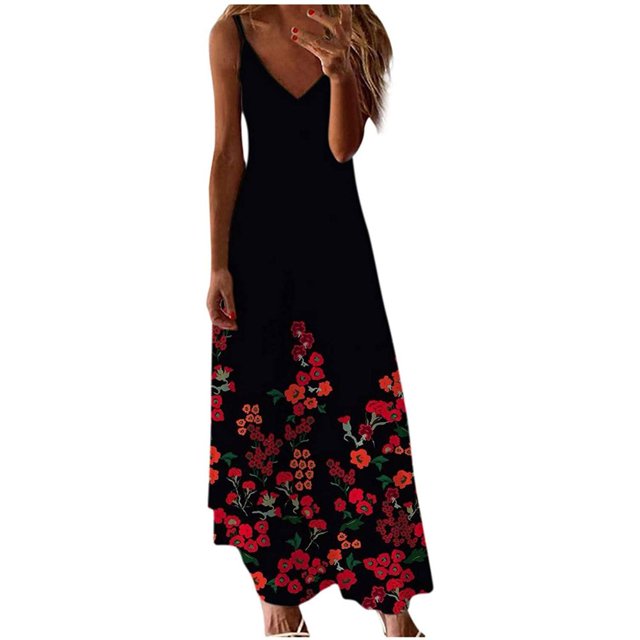 Robe Maxi à Imprimé Floral pour Femmes Sans Manches, Robes d'Été Décontractées, Col en V, Bretelles Spaghetti, Longue Robe Soleil