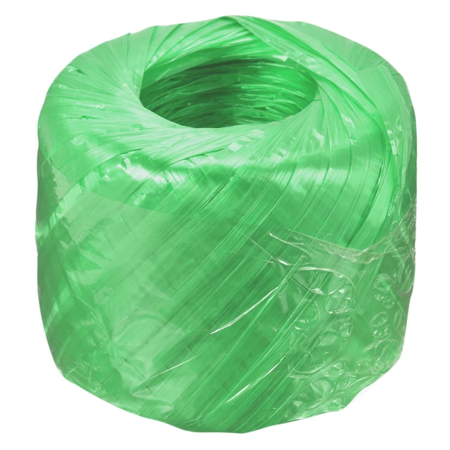 Uxcell Polyester Nylon Plastic Rope Twine in green, measuring 1148.2 feet in length and 2 cm in diameter. Designed for daily binding, industrial and agricultural sewing, greenhouse flower rack construction, and craft decoration. The rope features high toughness and tensile strength, making it durable and resistant to breakage. Packaged as a single roll.