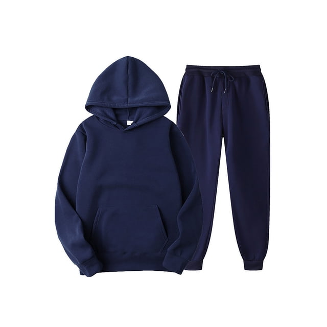 Innerwin Sweatshirts+Pant Outfits Two Pieces Men Tracksuit Set Sports 2 Pcs Fleece Jogger Sets Navy Blue M