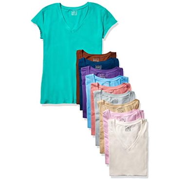 Sexy Basics Women's 5 & 10 Pack Casual & Active Cotton Stretch V Neck Short Sleeve Shirts (X-Large, 10 Pack- Assorted Color Blast)